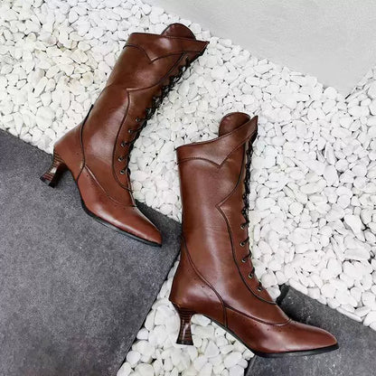 Stijlvolle Dames Kniehoge Laarzen met Veters en Brogue Details