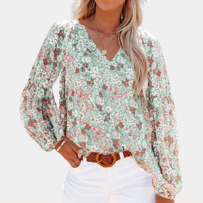 Isolda - Bloemen V-hals Blouse met Lange Mouwen
