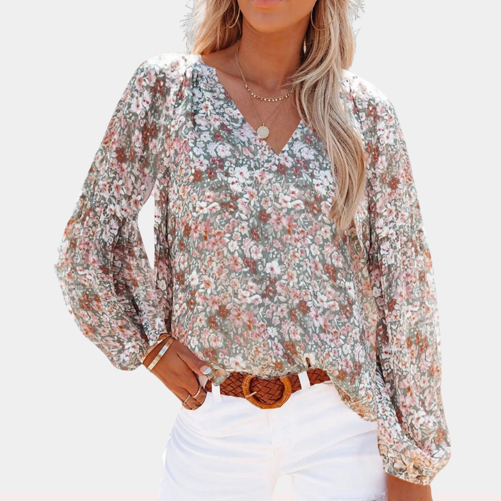 Isolda - Bloemen V-hals Blouse met Lange Mouwen