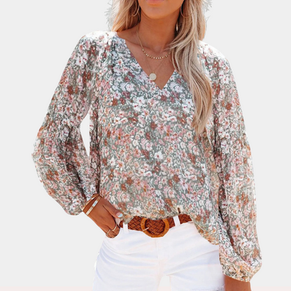 Isolda - Bloemen V-hals Blouse met Lange Mouwen