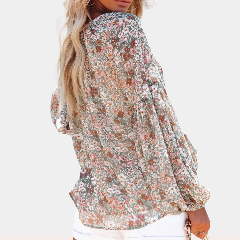 Isolda - Bloemen V-hals Blouse met Lange Mouwen