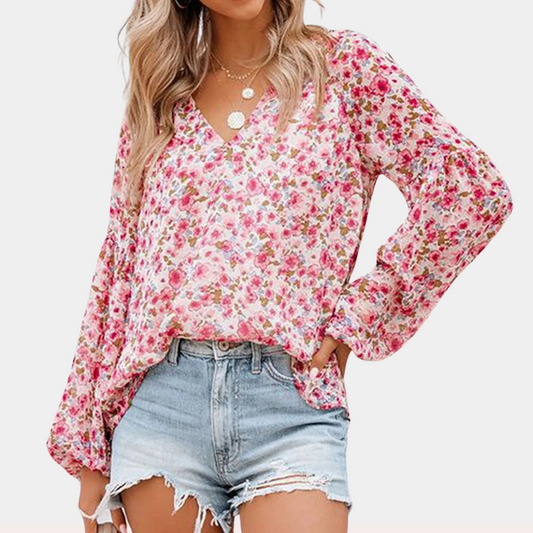 Isolda - Bloemen V-hals Blouse met Lange Mouwen