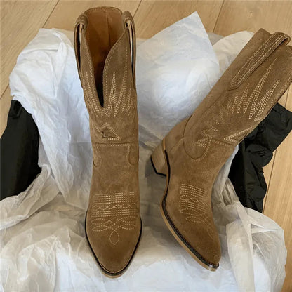 Dames Cowboylaarzen Western met Puntneus Blokhak en Stikseldetails