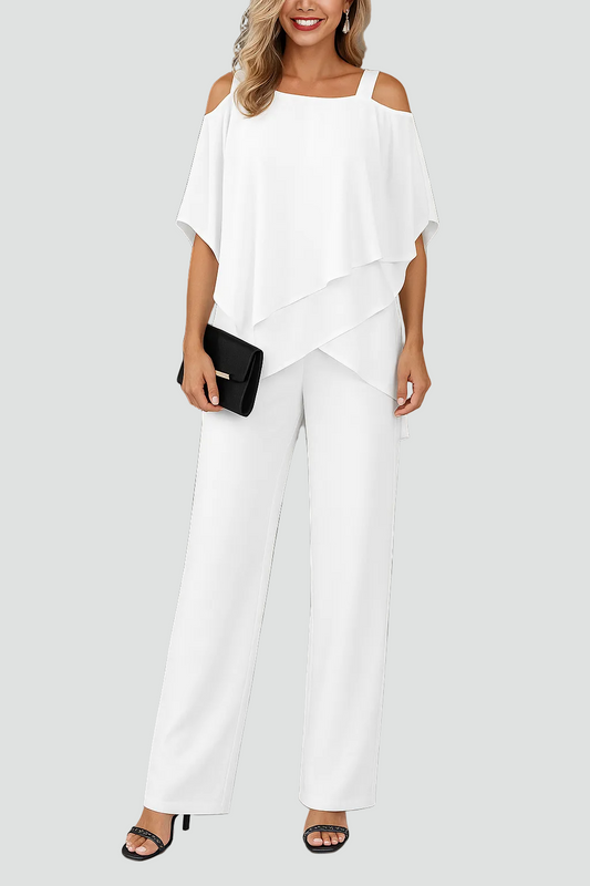 Elegante Luchtige Dames Set Met Off Shoulder Top En Wijde Broek