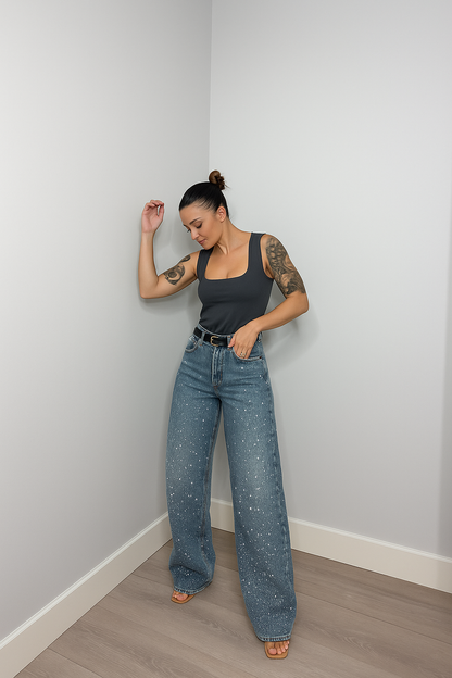 Dames High Waist Rechte Jeans Met Glitter
