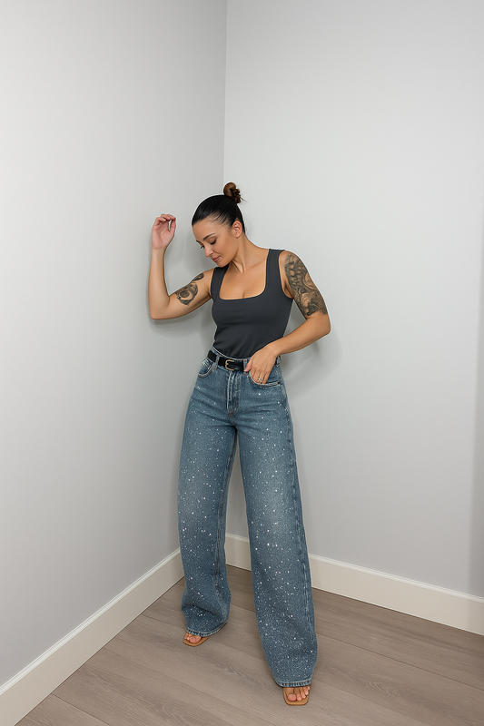 Dames High Waist Rechte Jeans Met Glitter