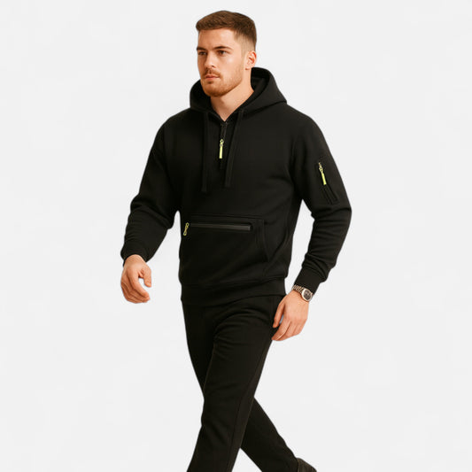 Zachte Fleece Heren Hoodie met Halve Rits Voorvak en Mouwzak