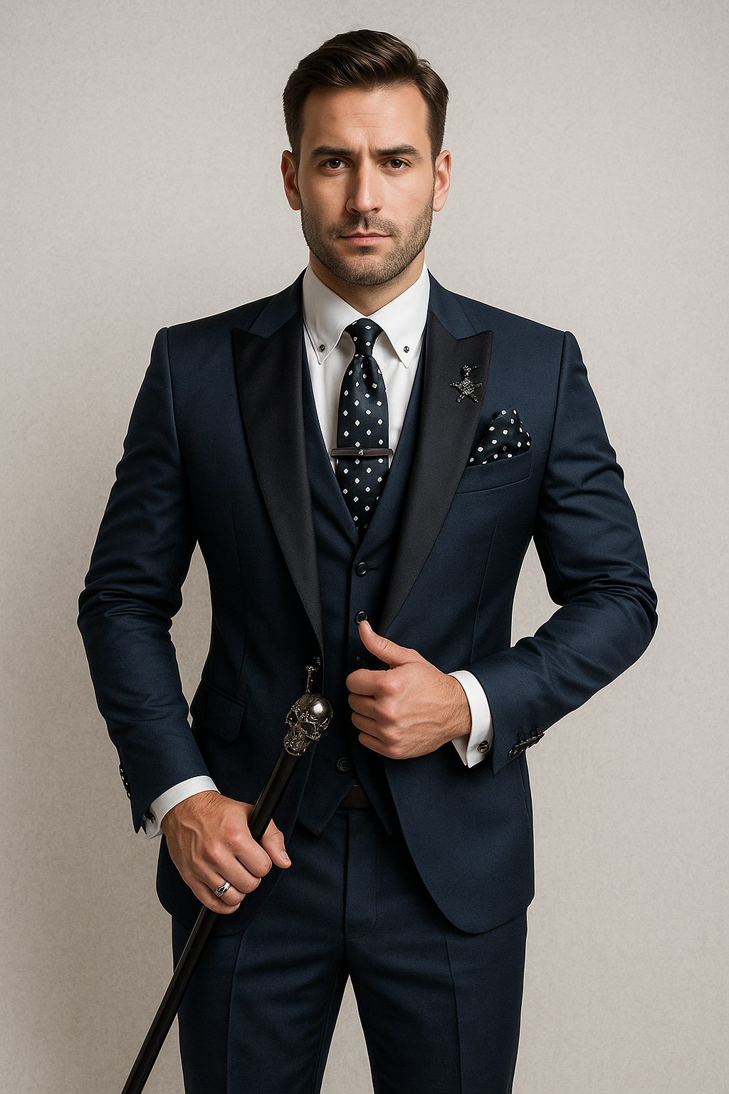 Stijlvolle Driedelig Herenpak met Gilet en Satijnen Revers