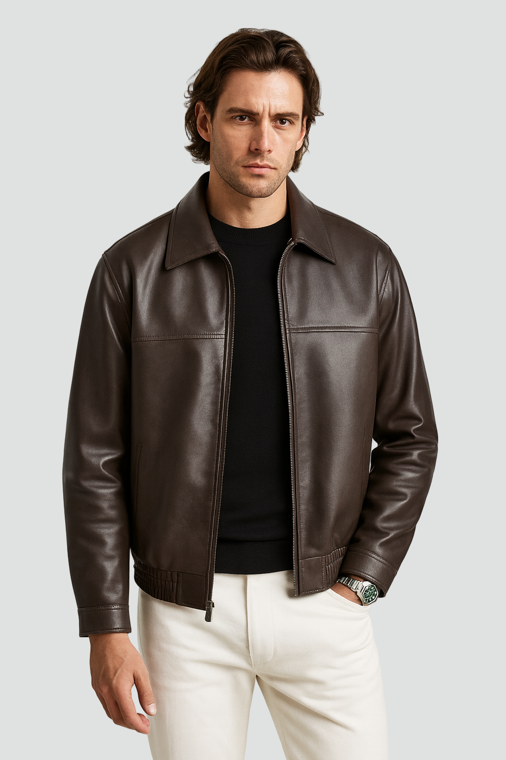 Elegante Heren Leren Jas met Ritssluiting en Rechte Kraag