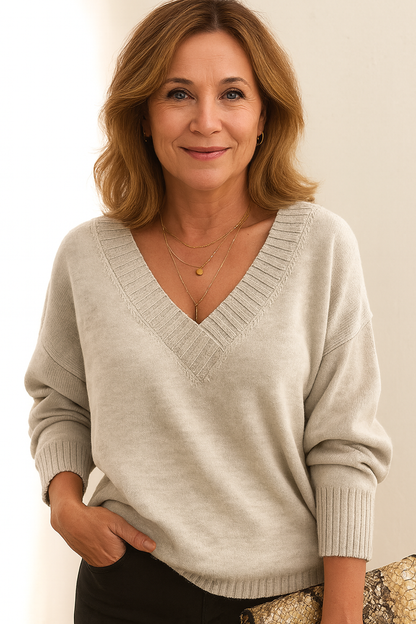 Zachte Gebreide Dames Trui met Diepe V-Hals en Lange Mouwen