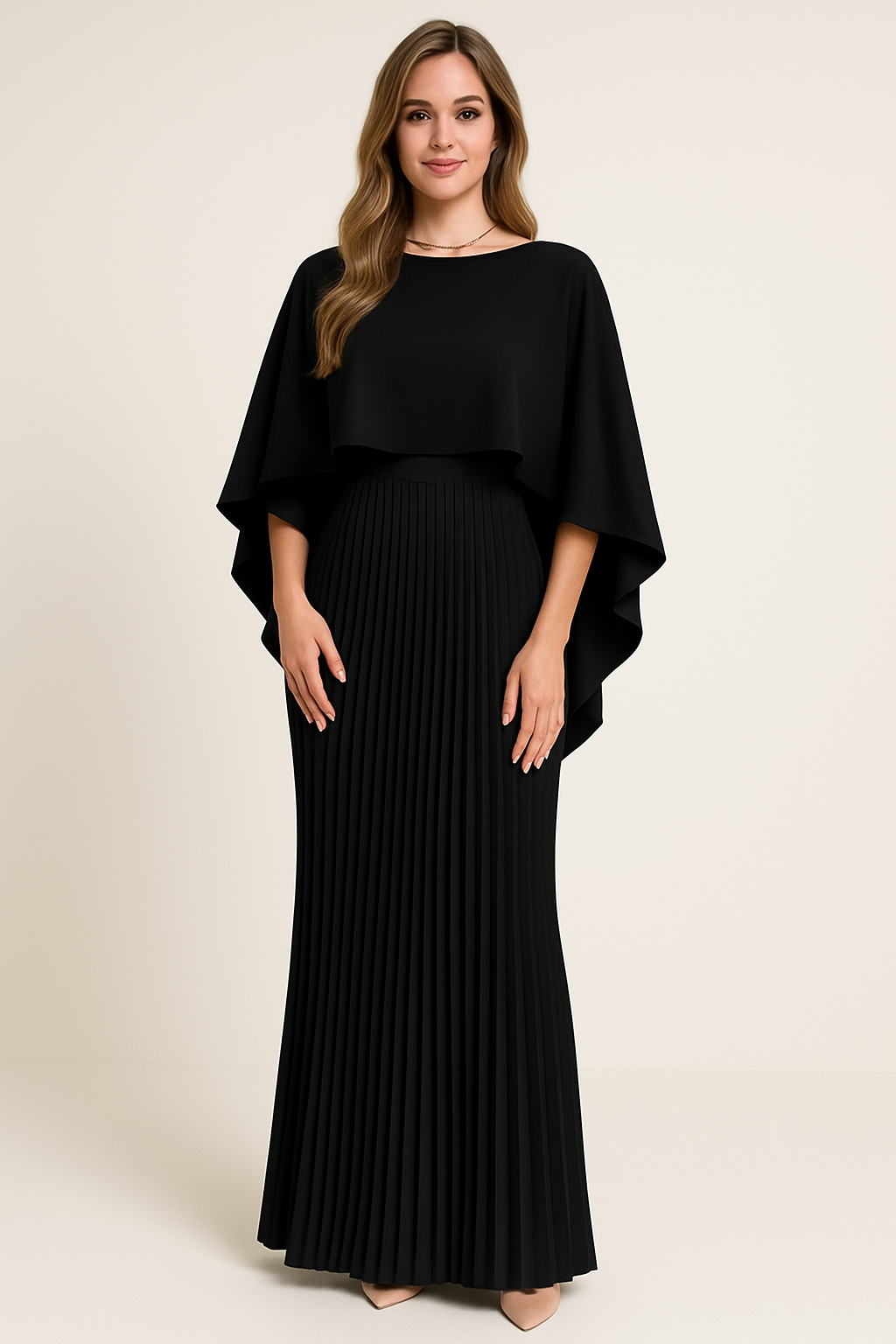 Lange Plissé Maxi Jurk met Elegante Cape voor Dames
