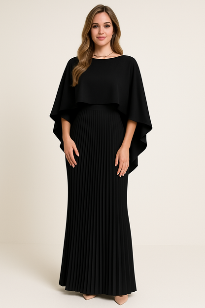 Lange Plissé Maxi Jurk met Elegante Cape voor Dames