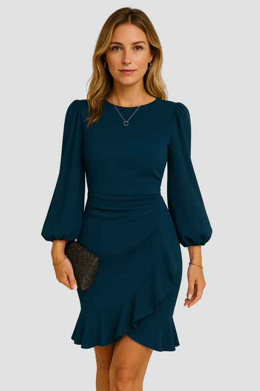 Elegante Mini Jurk met Lange Mouwen en Ruches voor Dames