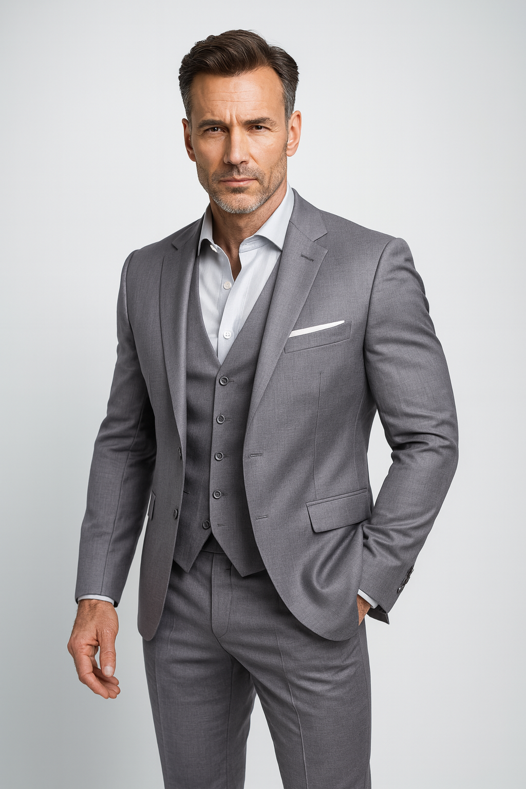 Elegant Driedelig Herenpak met Gilet en Slim Fit Pantalon