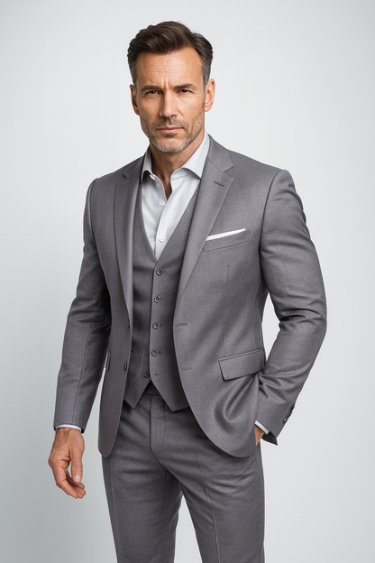 Elegant Driedelig Herenpak met Gilet en Slim Fit Pantalon