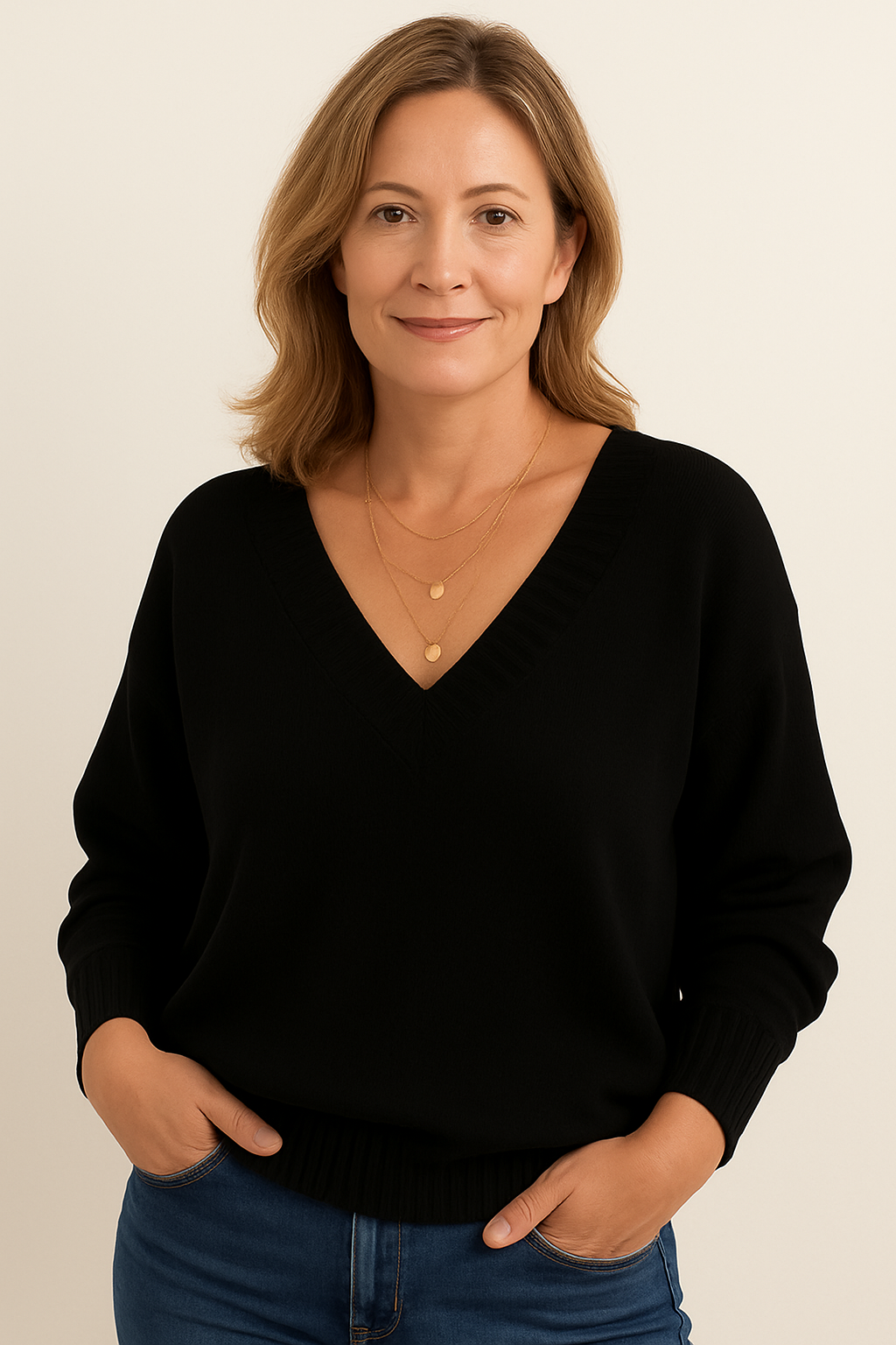 Zachte Gebreide Dames Trui met Diepe V-Hals en Lange Mouwen