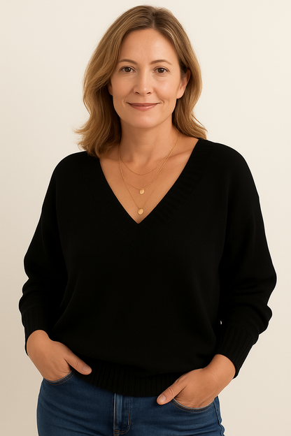 Zachte Gebreide Dames Trui met Diepe V-Hals en Lange Mouwen