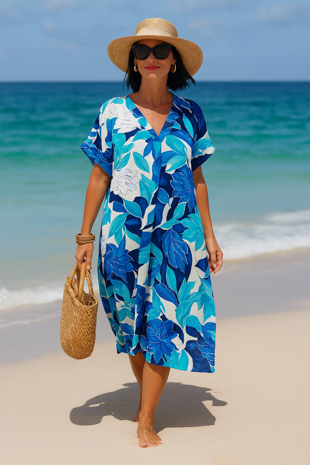 Zomer Midi Jurk Dames Boho V-Hals Losse Pasvorm Met Print