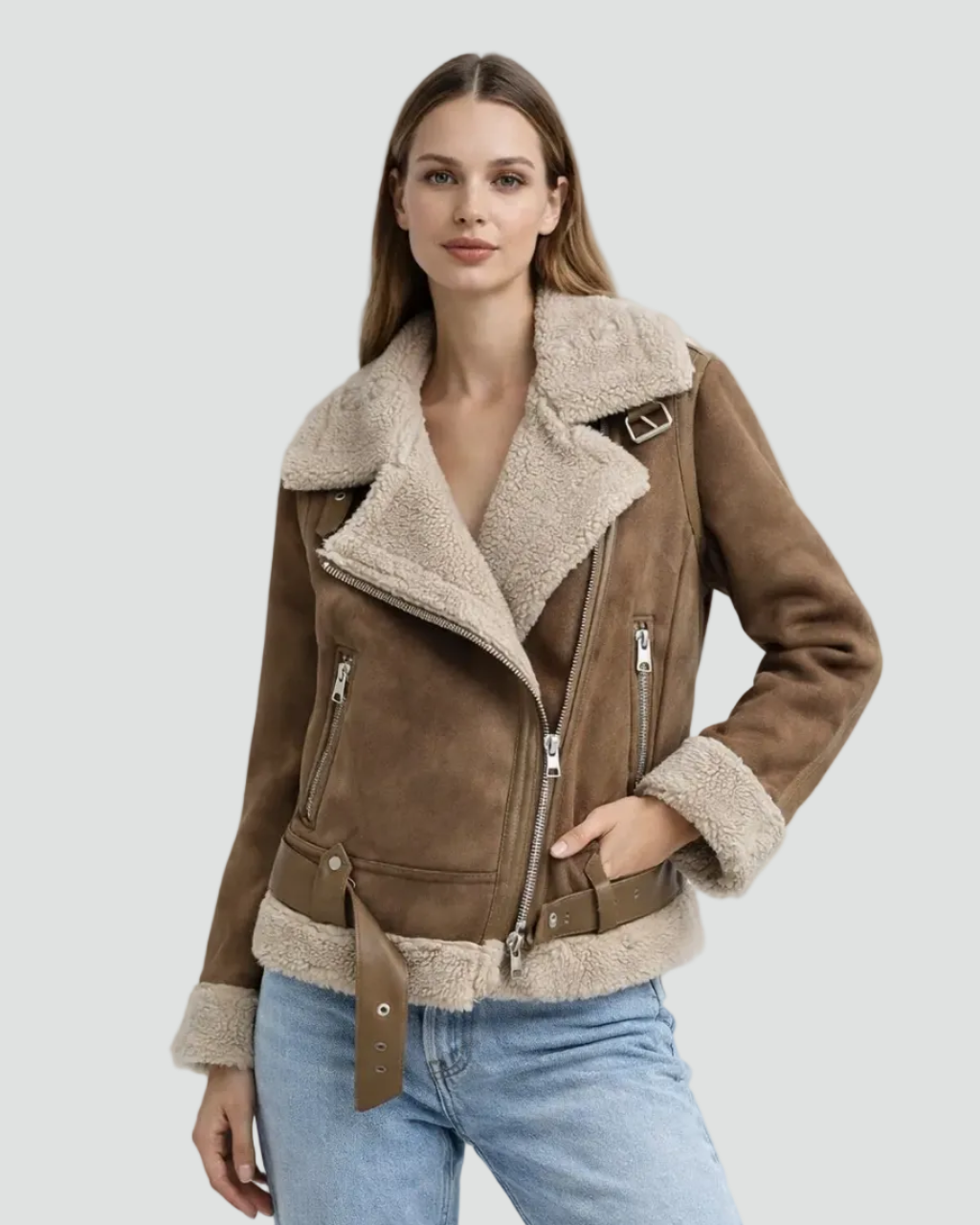 Zachte Leren Dames Bikerjack met Teddyvoering en Ritsdetails