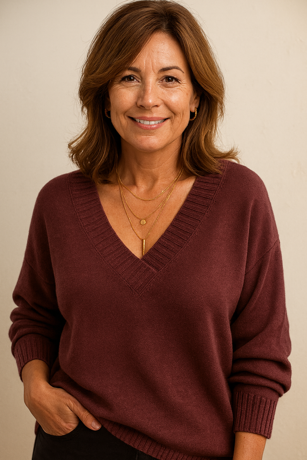 Zachte Gebreide Dames Trui met Diepe V-Hals en Lange Mouwen