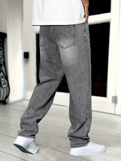 Grijze Straight Fit Jeans Gewassen Denim voor Heren