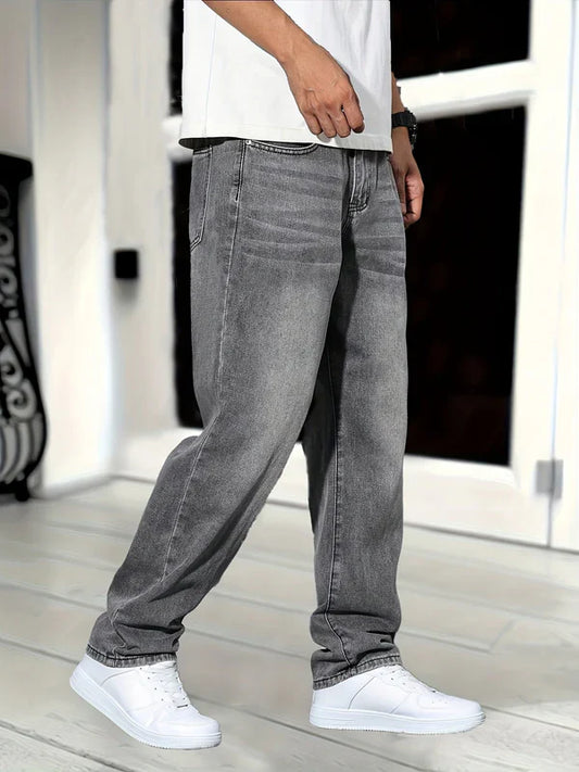 Grijze Straight Fit Jeans Gewassen Denim voor Heren