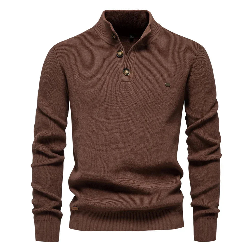 Warme Gebreide Heren Trui Slim Fit Met Opstaande Kraag En Knoopsluiting
