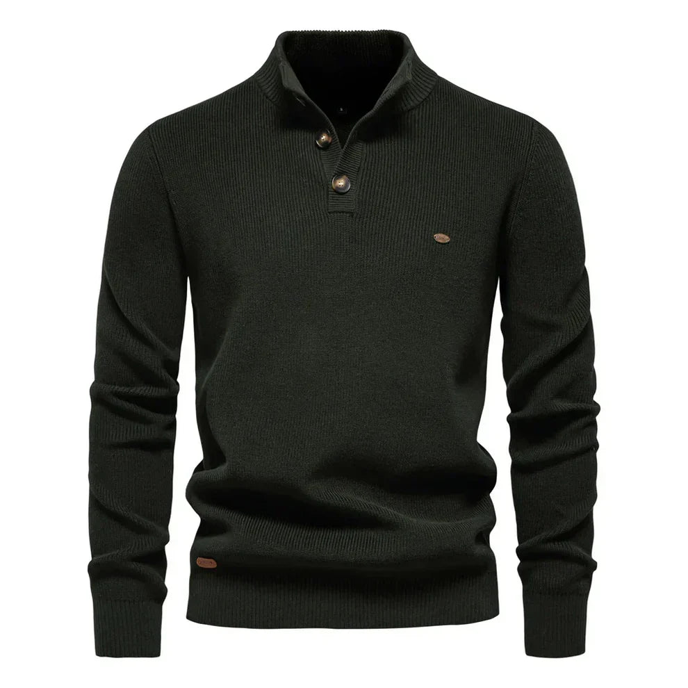 Warme Gebreide Heren Trui Slim Fit Met Opstaande Kraag En Knoopsluiting