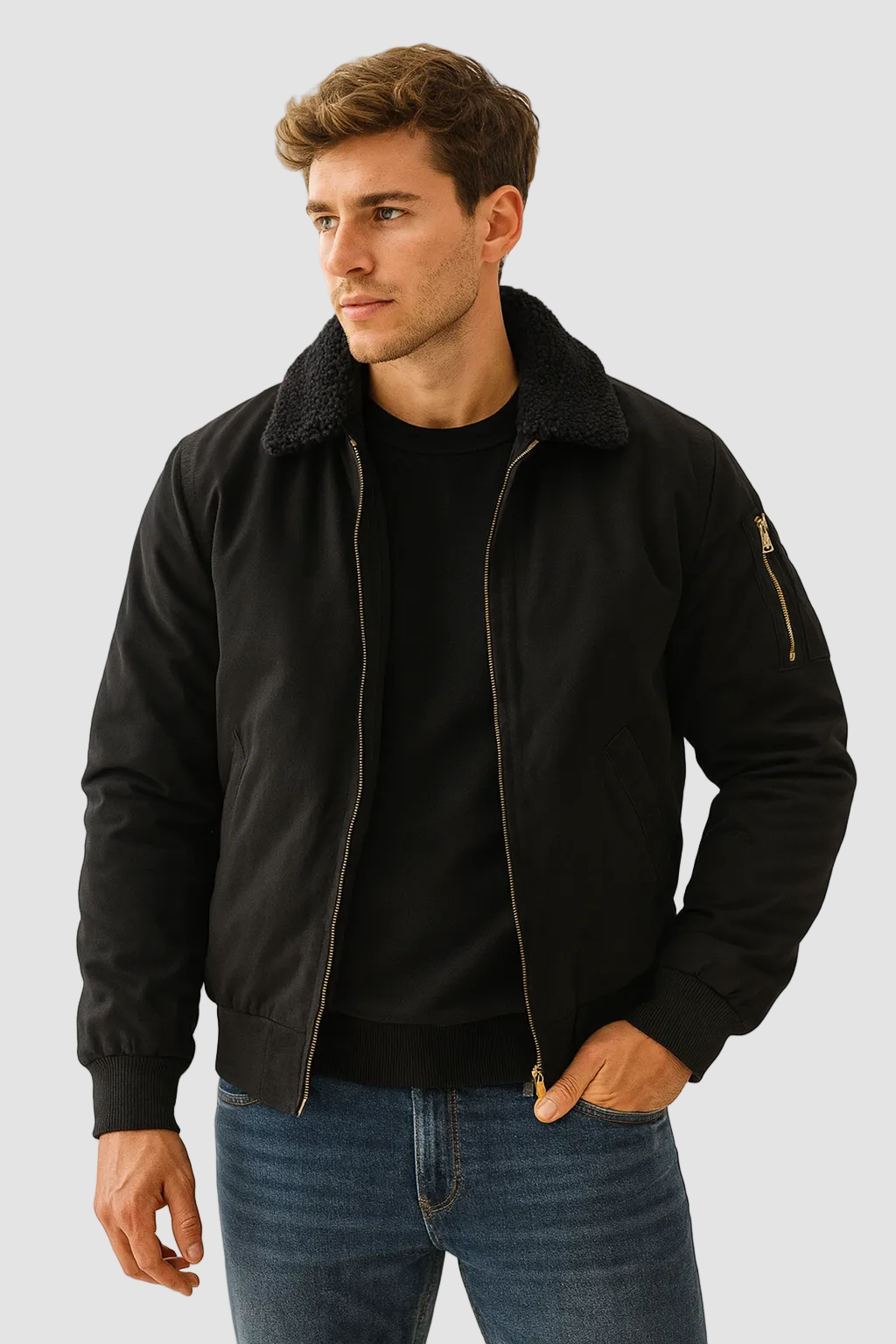 Heren Teddy Fleece Bomberjack met Bontkraag