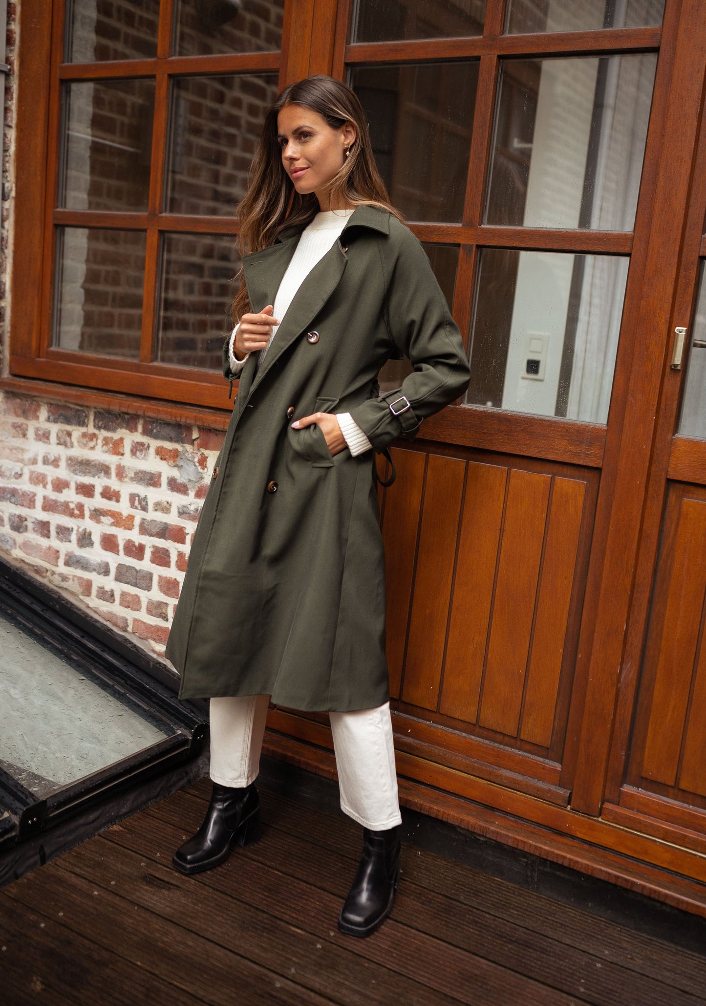Dames Midi Trenchcoat Dubbelrijg met Ceintuur
