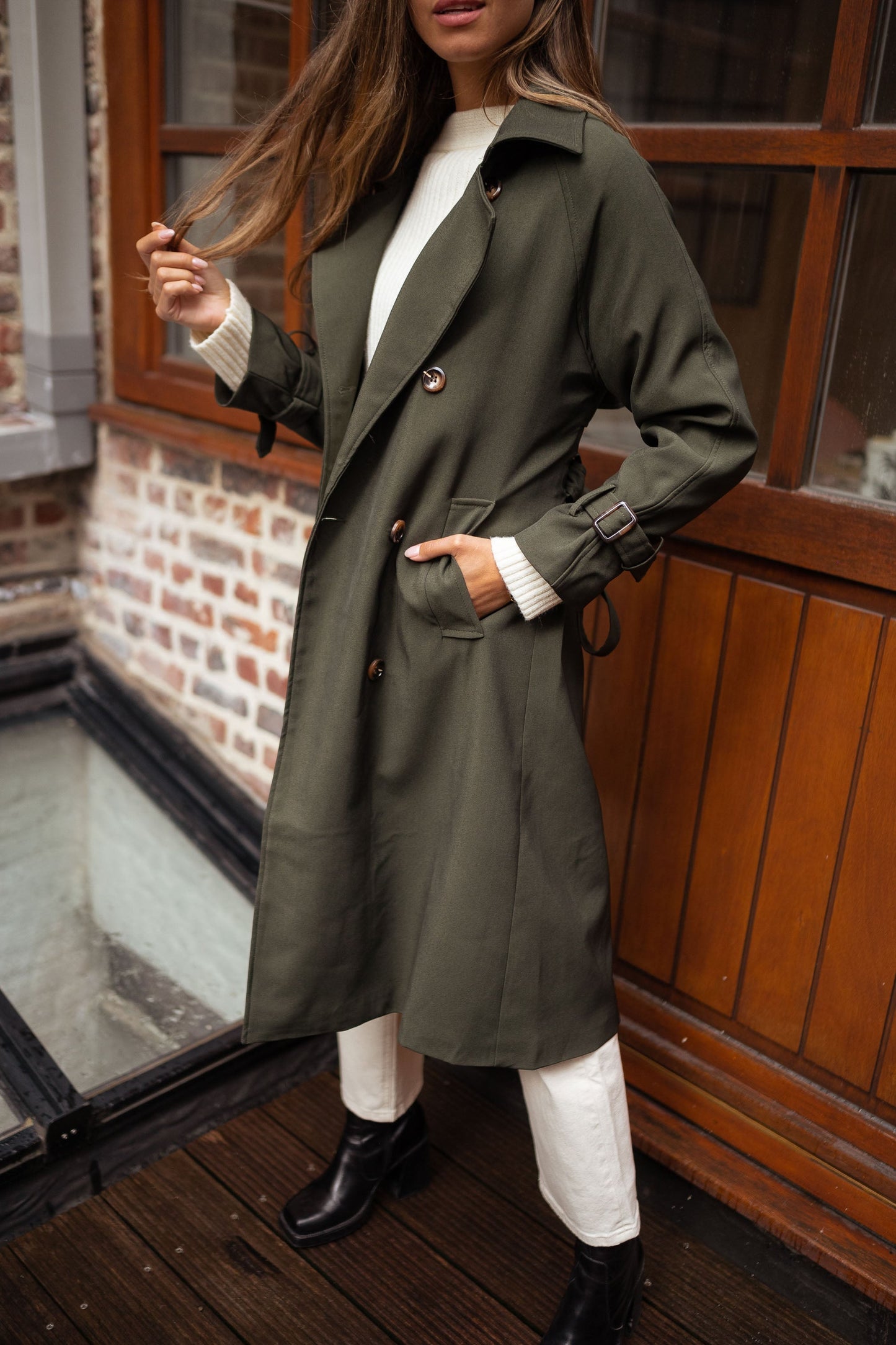 Dames Midi Trenchcoat Dubbelrijg met Ceintuur