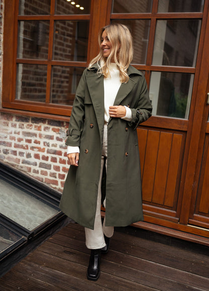 Dames Midi Trenchcoat Dubbelrijg met Ceintuur