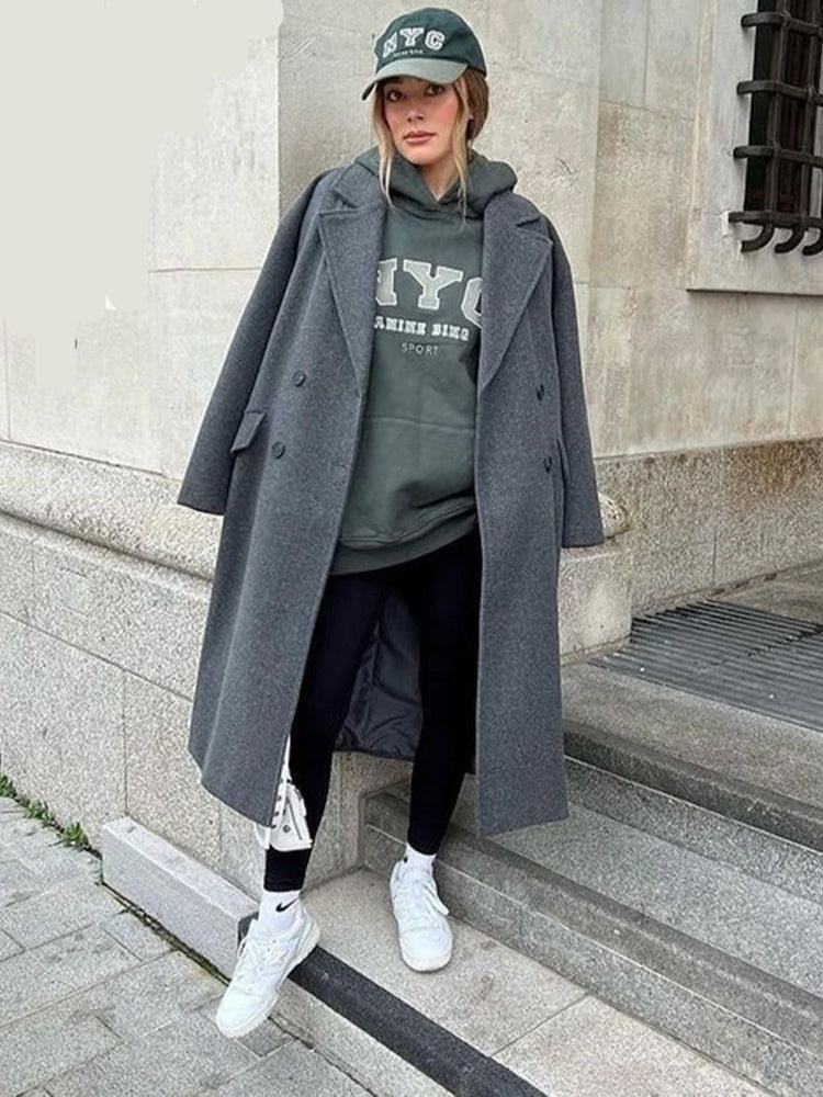 Dames Chique Warme Oversized Mantel Jas Met Brede Revers En Ruime Zakken