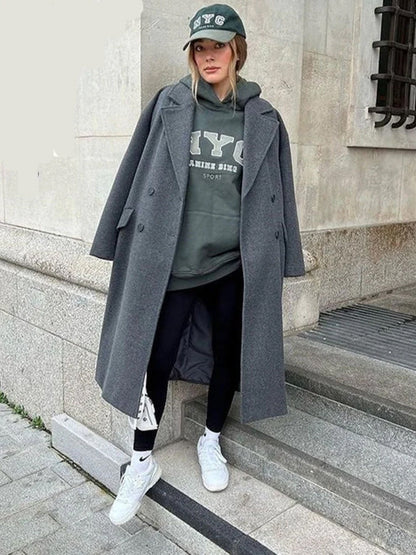 Dames Chique Warme Oversized Mantel Jas Met Brede Revers En Ruime Zakken
