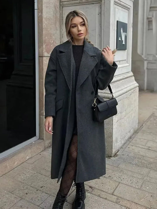 Dames Chique Warme Oversized Mantel Jas Met Brede Revers En Ruime Zakken