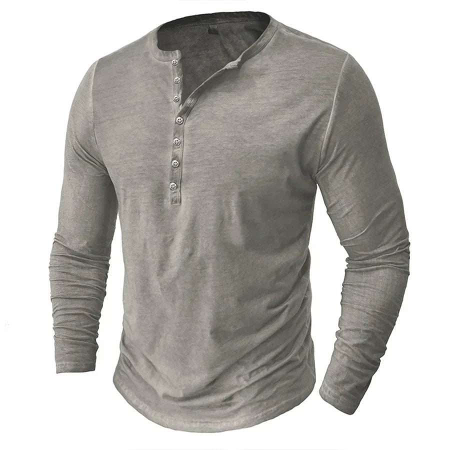 Heren Casual Henleyshirt Met Lange Mouwen En Knoopsluiting