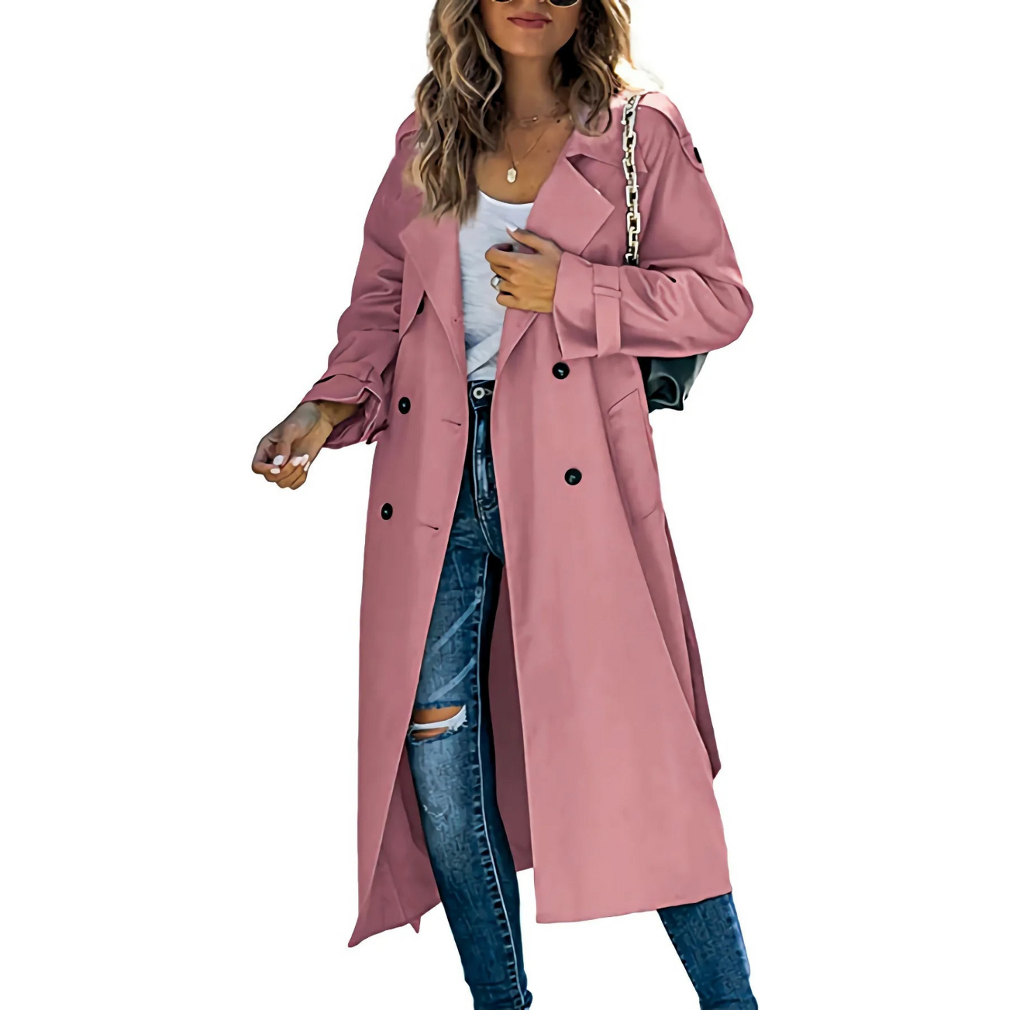 Elegante Maxi Trenchcoat Voor Dames Met Dubbele Rij Knoopsluiting