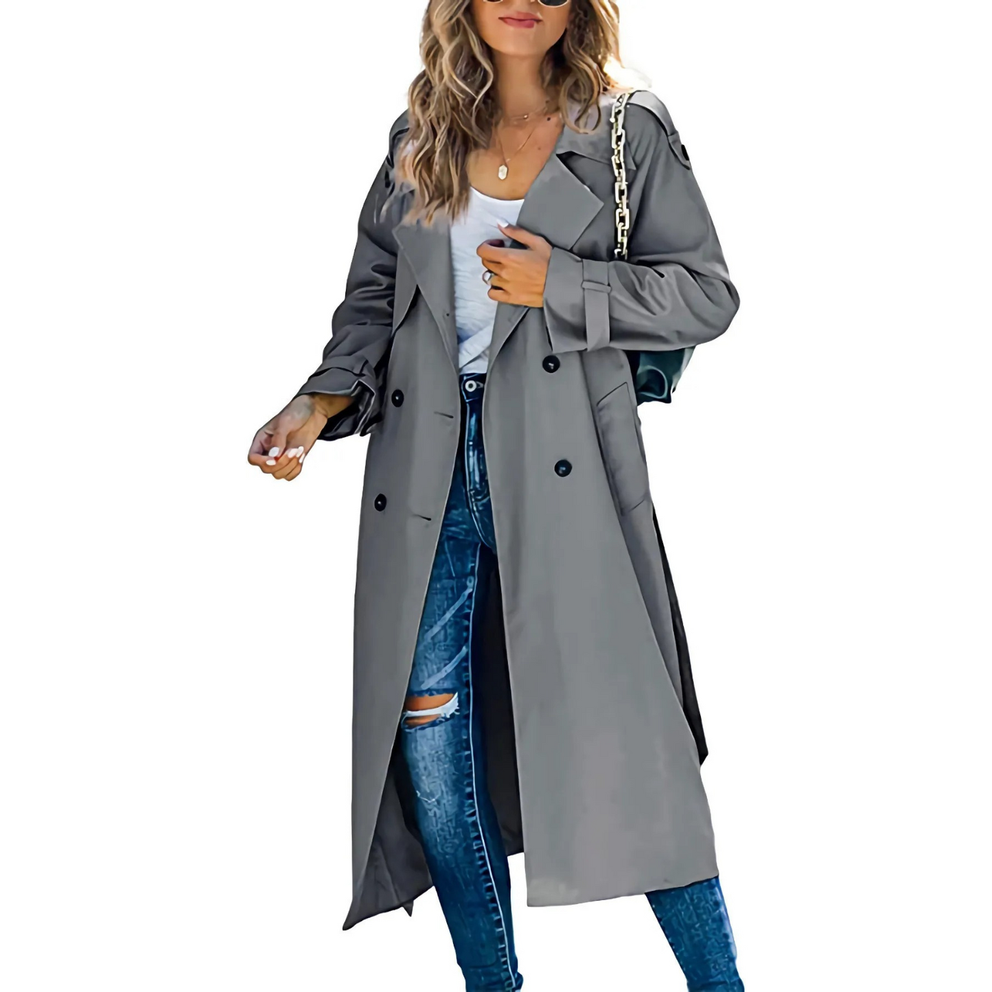 Elegante Maxi Trenchcoat Voor Dames Met Dubbele Rij Knoopsluiting