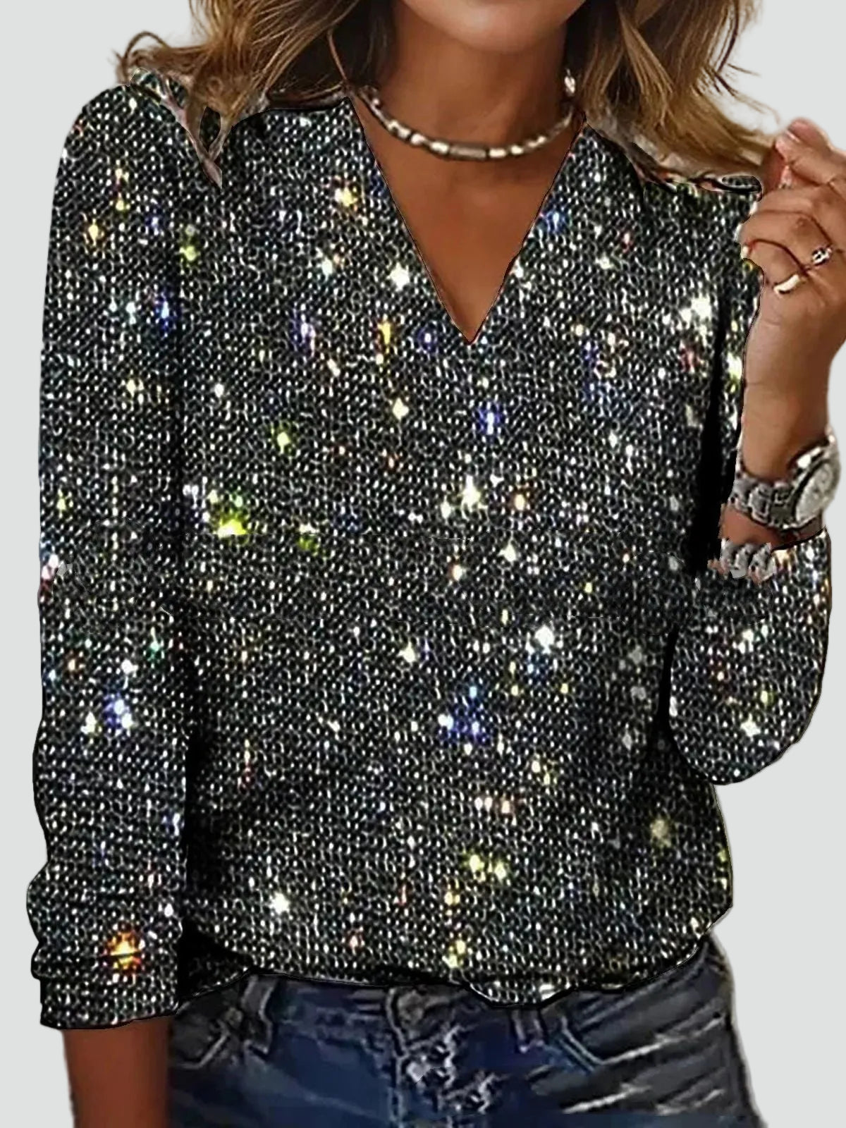 Dames Pailletten Blouse Met V-Hals En Lange Mouwen