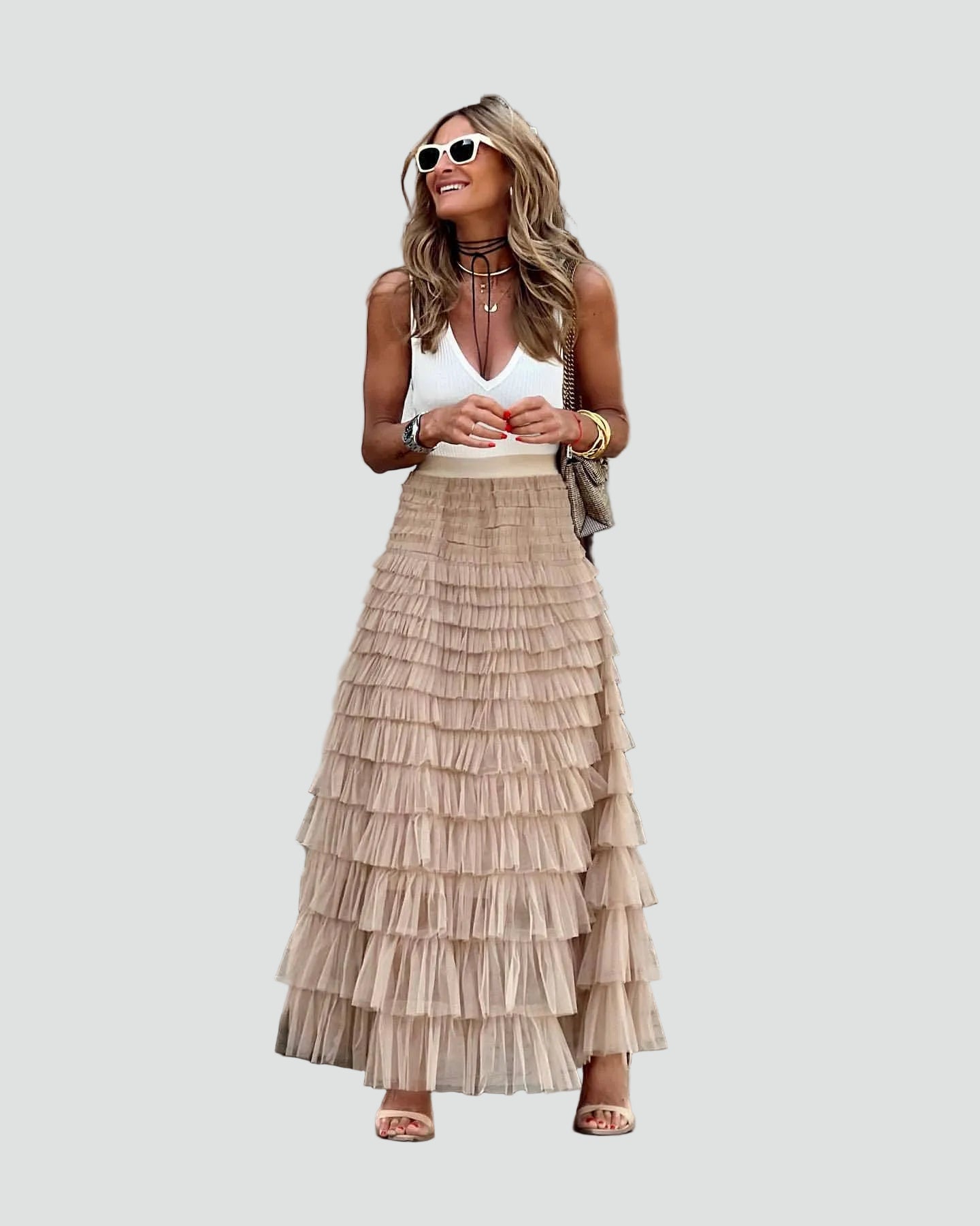 Elegante Luchtige Dames Maxi Rok Met Gelaagde Ruches