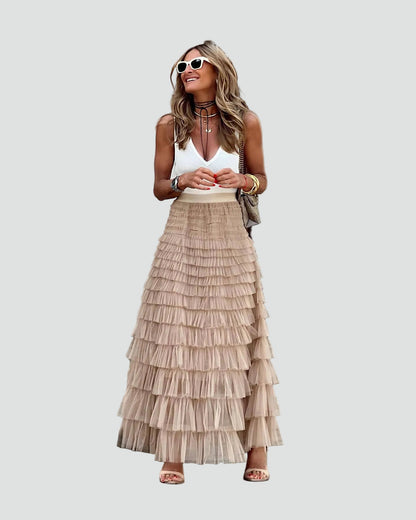 Elegante Luchtige Dames Maxi Rok Met Gelaagde Ruches