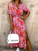 Lorena - Dames Floral Midi Jurk met Zijsplit