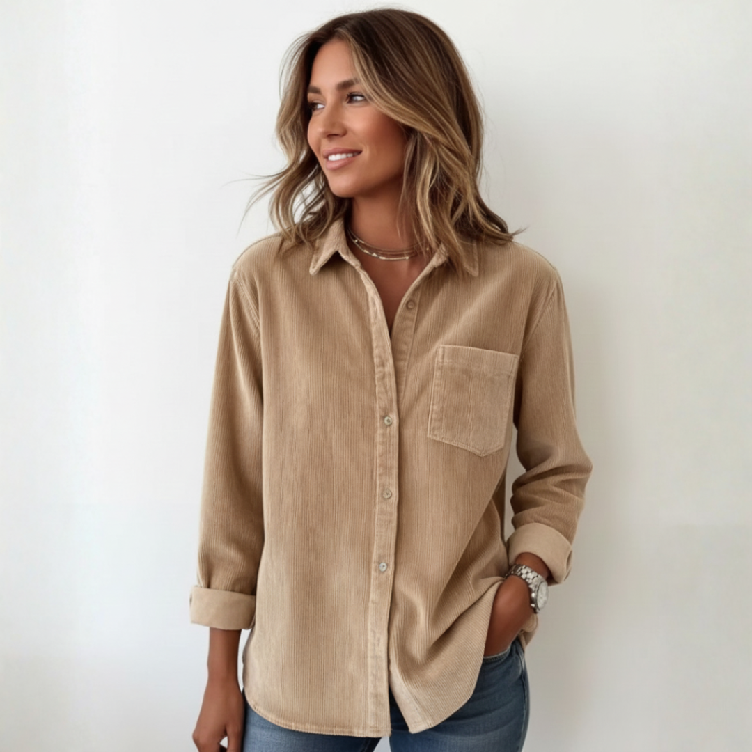 Dames Tijdloze Ribblouse Met Knoopsluiting En Borstzak