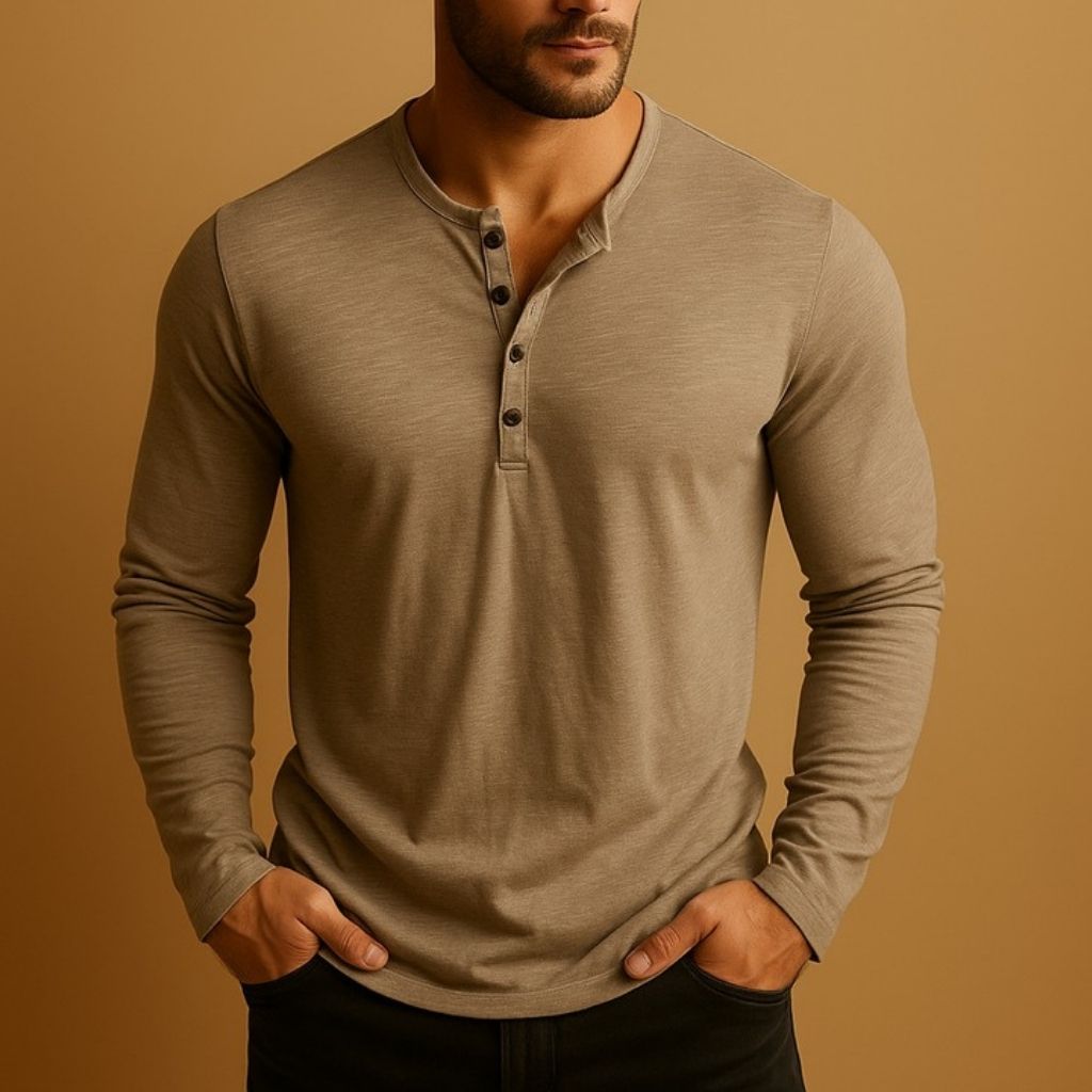 Heren Henley Shirt Lange Mouwen Casual Top met Knopen Comfort