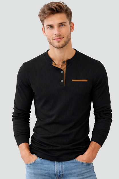 Heren Geribd Henley Shirt Met Lange Mouwen En Knoopsluiting