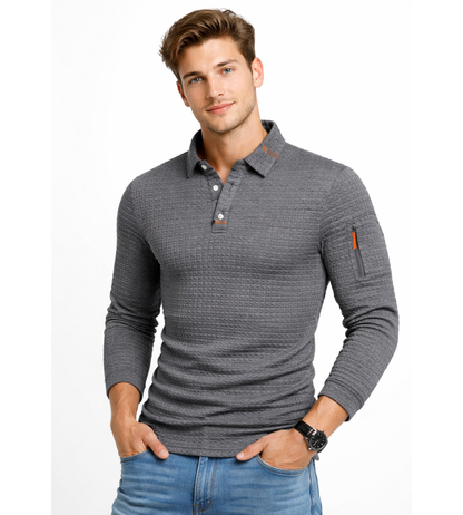 Heren Polo Met Lange Mouwen En Structuurstof Slim Fit
