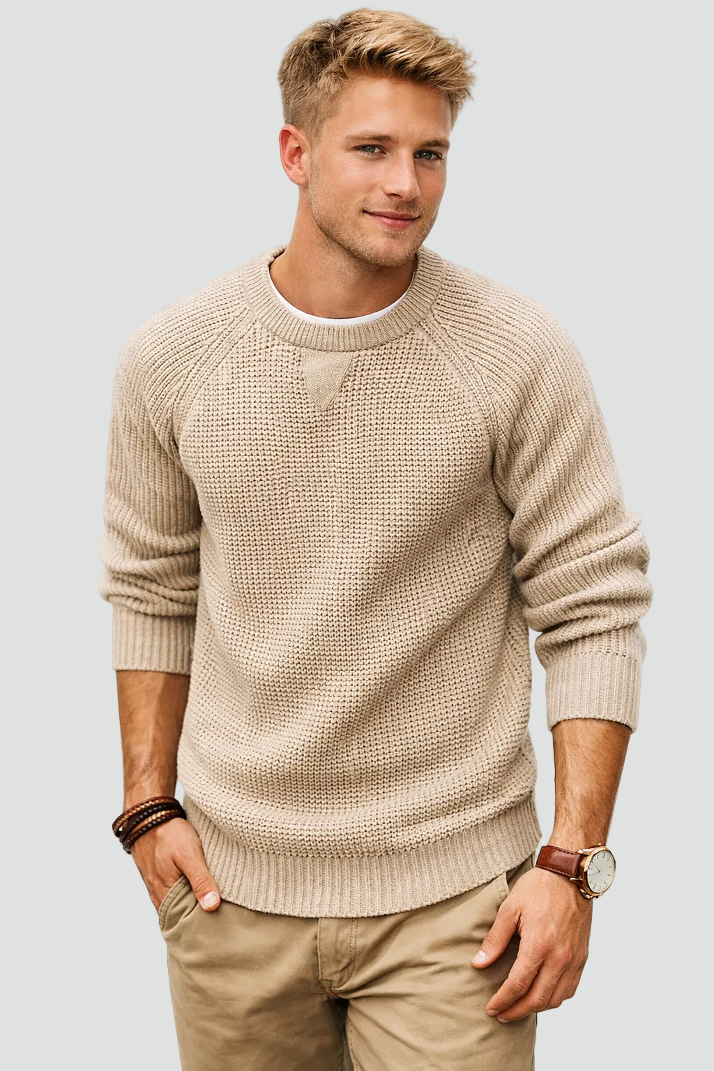 Heren Structuurgebreide Trui Met Raglanmouwen En Ronde Hals