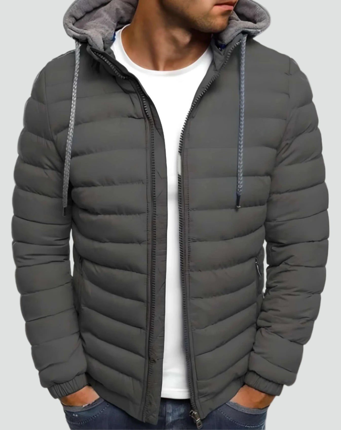 Lichte heren pufferjas met capuchon en ritssluiting