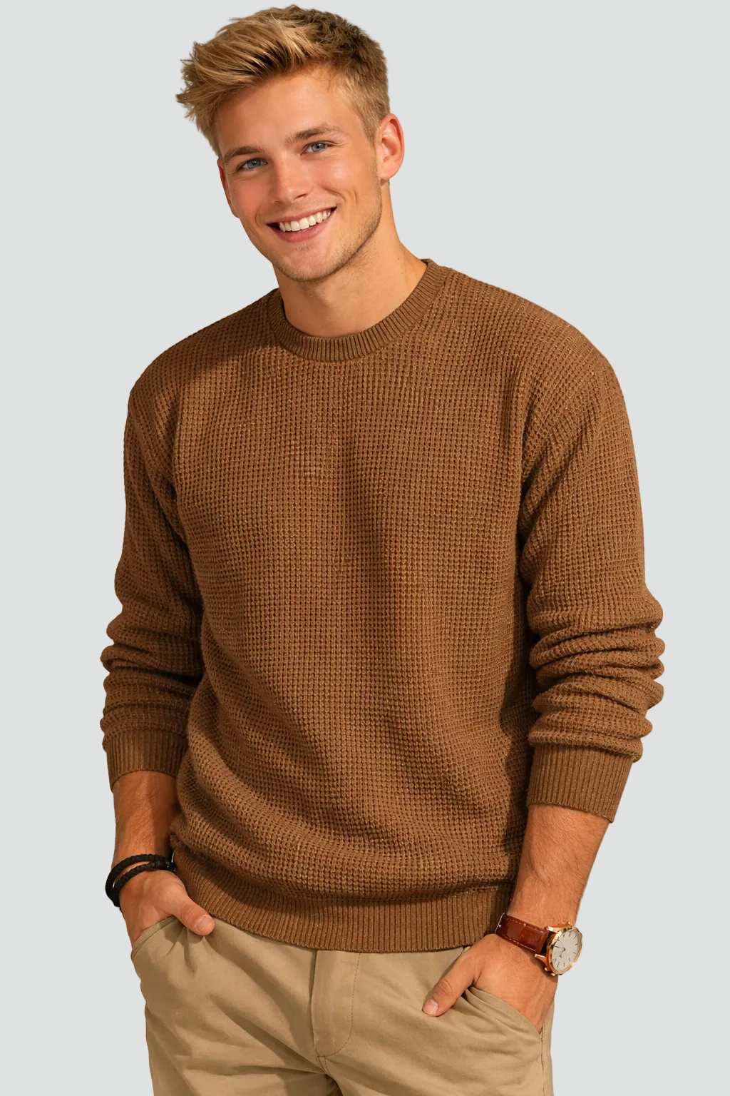 Heren Wafelgebreide Trui Met Ronde Hals En Relaxte Pasvorm