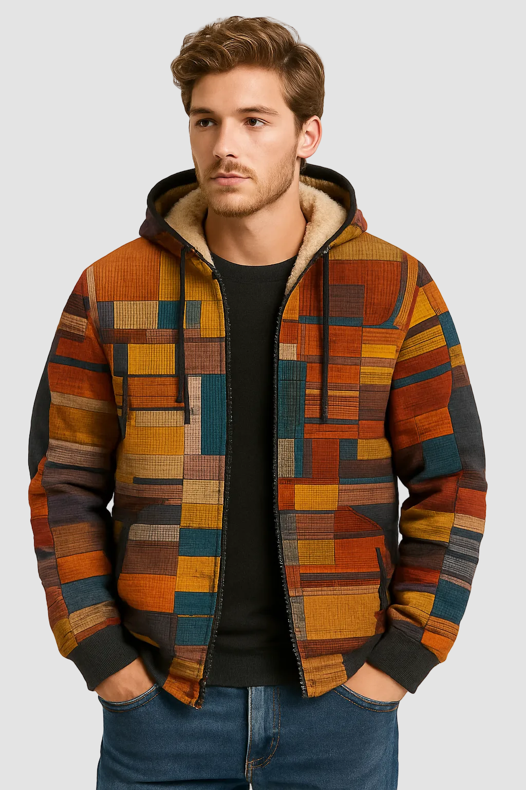 Heren patchwork vest met warme fleece voering en capuchon